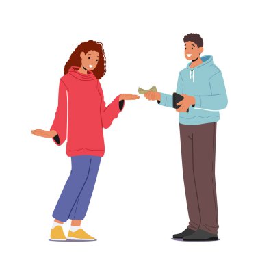 Man Giving Banknotes to Woman with Stretched Hand. Female Character Taking Loan, Borrowing Money From Friend or Husband. Financial Help, Gift, Debt Concept. Cartoon People Vector Illustration clipart