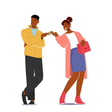 Tatmin olmayan koca, karısına maaş verir. Mutsuz suratlı bir adam Neşeli Kadın Arkadaşı ya da Kız Arkadaşı 'na para ödüyor. Erkek ve Kadın Karakterleri İlişkisi. Çizgi film İnsanları Vektör İllüstrasyonu