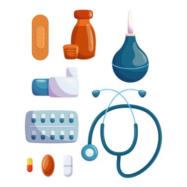 Bir takım sağlık malzemeleri ve elementler. Şuruplu, sıva ve Clyster 'lı bir şişe. Astım spreyi, steteskop, ilaç ya da su toplayan ilaçlar, ekipman ve ilaç. Çizgi film Vektör İllüstrasyonu