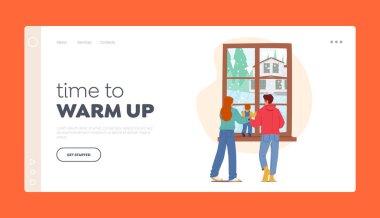 Aile İlk Kar İniş Şablonu 'nun tadını çıkarıyor. Küçük Çocuk Karakterleri 'ne sahip bir çift Pencere önünde durup Düşen Kar Tanelerine, Baba, Anne ve Bebek Joy' a bakıyor. Çizgi film İnsanları Vektör İllüstrasyonu