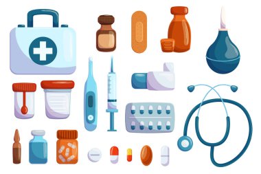 Tıbbi Kutu, iyot, sıva ve Clyster 'ı hazırla. Analiz için konteynır, steteskop, ilaç ya da su toplayan ilaçlar. İzole sağlık araçları ya da elementler. Çizgi film Vektör İllüstrasyonu