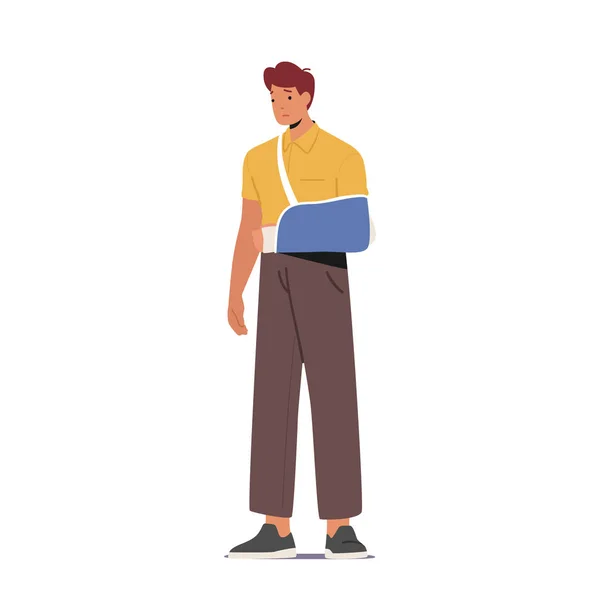 白い背景に孤立した手の骨折を持つ不幸な男 破壊された腕を持つ負傷した男性キャラクター包帯 健康管理 外傷性傷害の概念 漫画人ベクトルイラスト — ストックベクタ