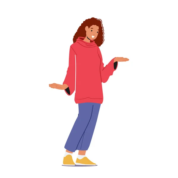 白を基調とした陽気な女性キャラクター 若い笑顔の女性は赤いパーカーとジーンズを着用ストレッチ手でポーズ お金を物乞いやコミュニケーション 漫画人ベクトルイラスト — ストックベクタ