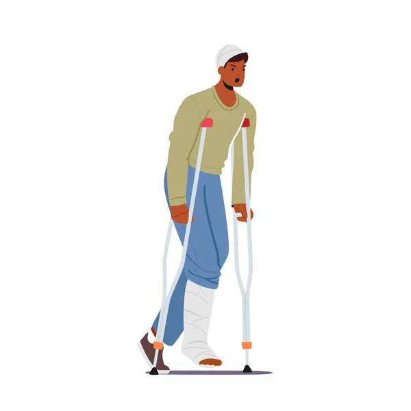 脚と頭の骨折を持つ不幸な男白い背景に隔離された松葉杖を歩く 外傷病院で壊れた包帯足で負傷した患者のキャラクター 漫画人ベクトルイラスト — ストックベクタ