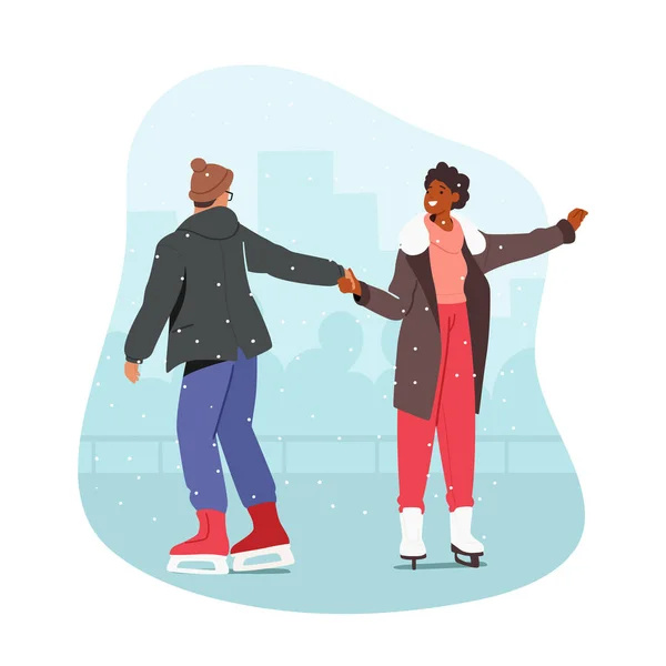 男性と女性のキャラクターは 冬のクリスマス休暇でアイスリンクでスケートします 恋人同士の冬のデート 男と女ロマンチックな時間 漫画人ベクトルイラスト — ストックベクタ