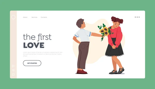First Love Landing Page Template Child Boy Giving Flowers Girl — Stock Vector
