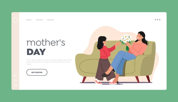 Anneler Günü Niş Sayfa Şablonu Anneye Çiçek Veren Küçük Kız — Stok Vektör