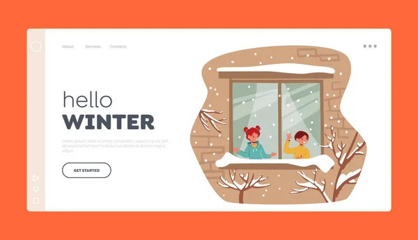 Modèle Page Atterrissage Hiver Bonjour Little Kids Looking First Snow — Image vectorielle