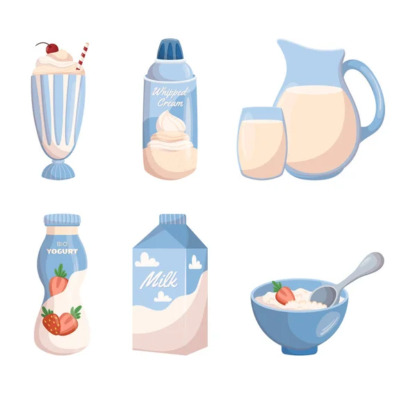 Набор Молочных Продуктов Йогурт Молоко Упаковке Кувшин Взбитые Сливки Бутылке — стоковый вектор