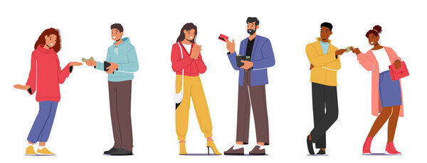 People Take Money, Financial Help, Debt Concept. Female Characters Borrow Money at Husband or Friend Isolated on White Background. Couple Relations, Friendship. Cartoon People Vector Illustration