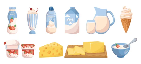 Set Productos Lácteos Yogur Leche Paquete Jarra Cóctel Helado Queso — Archivo Imágenes Vectoriales