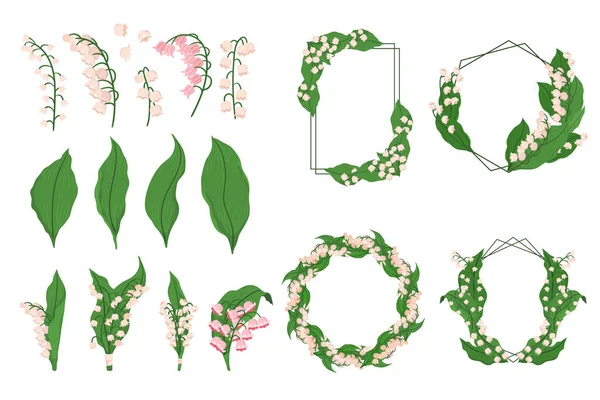 Nastav Lilly Valley Elements Zelené Listy Květy Větvičky Rámy Hrany — Stockový vektor