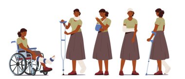 Beyaz arka planda kırılan bir grup kadın. Kırık Bacakları ve Kolları Olan Siyah Kadın Karakterler Sargı Giyer veya Kazadan Sonra Tekerlekli Sandalye Sürer. Çizgi film İnsanları Vektör İllüstrasyonu