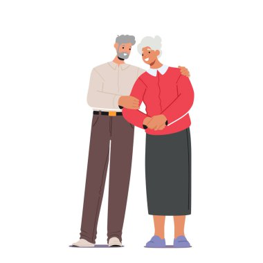Beyaz Arkaplan 'da Kucaklaşan Yaşlı Evli Çift. Yaşlı Aile Aşkı, Boş Zaman, Bağlanma. Yaşlı Adam ve Kadın İlişki Konsepti. Çizgi film İnsanları Vektör İllüstrasyonu