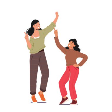 Evde Dans Eden Genç Kızlı Mutlu Aile Anası, Kadın ve Kız Dansı. Kadın Karakterler Eğlencesi, Haftasonu Paylaşım Zamanı, Keyif, Beraberlik Konsepti. Çizgi film İnsanları Vektör İllüstrasyonu
