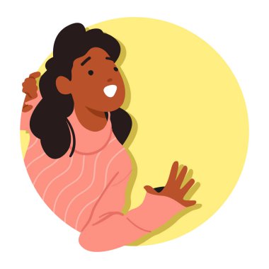 Yuvarlak Sarı Çerçeveden Bakan Siyah Kız. Mutlu Gülümseyen Çocuk Görünümü, Çocuk Karakter Yüzlü Avatar, Beyaz Arkaplan 'da izole edilmiş ikon. Çizgi film İnsanları Vektör İllüstrasyonu