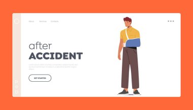 Kaza İniş Şablonu 'ndan sonra. El kırığı olan mutsuz bir adam. Bandajda Kırık Kollu Yaralı Erkek Karakter. Sağlık Hizmetleri, Travmatoloji Yaralanma Konsepti. Çizgi film İnsanları Vektör İllüstrasyonu