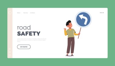 Yol Güvenliği İniş Şablonu. Yuvarlak Sancak 'ta Sola Dönen Çocuk Yazısı Gösteriliyor. Şehir Trafiği İçin Dikkat Sancağıyla Küçük Çocuk. Çocuklar Kuralları Öğreniyor Konsepti. Çizgi film Vektör İllüstrasyonu