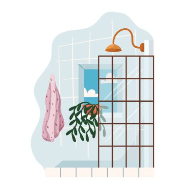 Banyoda duş, Modern Banyo Odası İçi Cam Duş, Havlular, Saksı Bitkileri, Döşemeli Döşeme ve Pencere, Ev, Otel Apartman Tasarımı. Çizgi film Vektör İllüstrasyonu