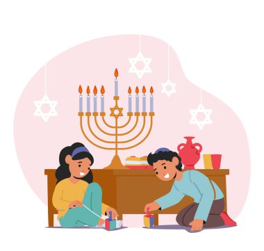 Hanukkah Tatil Kutlaması için Mutlu Çocuklar Ahşap Dreidels 'la oynuyor. Küçük Kız Kardeş ve Erkek Kardeş Yanan Menorah ile Ev İçi 'nde Zemin Döndürme Oyuncakları' nda oturuyorlar. Çizgi film Vektör İllüstrasyonu