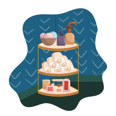 Vücut, Cilt ve Saç Bakımı Aksesuarları, Güzellik Ürünleri, Krem Kavanozları, Şampuan, Havlular ve Duş Jeli Şişe, Sıcak İç Elementler. Çizgi film Vektör İllüstrasyonu