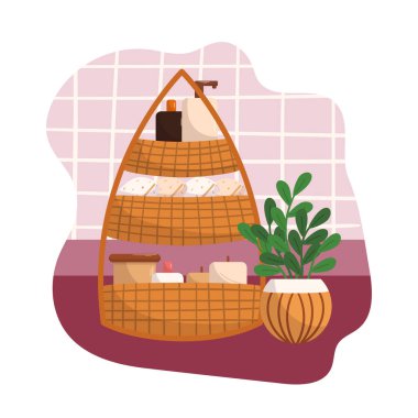 Havlu ve Kozmetik Vücut, Cilt ve Saç Bakımı İçin Banyo Bambu Rafı. Güzellik ürünleri, aksesuarlar, krema kavanozları, şampuan ve duş jeli şişeleri, iç malzemeler. Çizgi film Vektör İllüstrasyonu