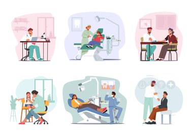 Klinikteki ya da hastanedeki insanları ziyaret et. Yetişkinler ve Çocuk Karakterleri Çocuk Doktoru, Stomatolog, Otolaryngolog veya Terapist. Çizgi film Vektör İllüstrasyonu