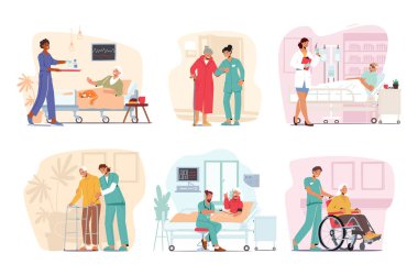 Yaşlılar için tıbbi bakım ayarlayın. Sağlık ekibi huzurevinde ya da klinikte yaşlı engellilere yardım ediyor. Hasta Yaşlıların Sosyal Hizmetler Görevlisi Ward 'daki tekerlekli sandalyede. Çizgi film Vektör İllüstrasyonu