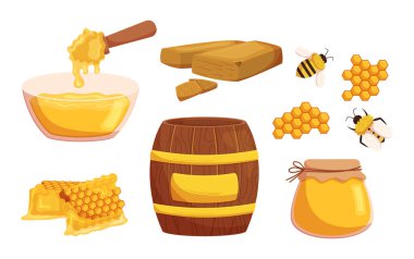 Bal Kümesi Bal peteği, Arı Böceği, Cam Kavanoz ve Bovling Kaşık, Balmumu ve Fıçı Beyazlar Arkasında İzole Edilmiş. Organik Doğal Tatlılar ve Apiary Ürünleri. Çizgi film Vektör İllüstrasyonu