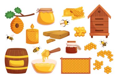 Bal ve Apiary Prodüksiyon veya Ekipman Ayarla. Bal peteği, arı kovanı, cam kavanoz, mum, tahta bal kovanı, fıçı. Beyaz arka planda izole edilmiş organik doğal tatlılar. Çizgi film Vektör İllüstrasyonu