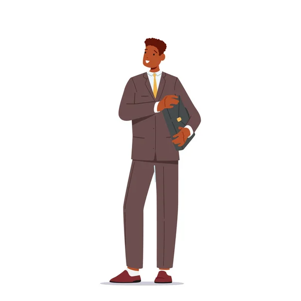 正式服装经理 背景为白色 采购产品非洲商人 男性角色 穿正式西装的单身汉 白衬衫和领带 手提箱 卡通人物矢量图解 — 图库矢量图片
