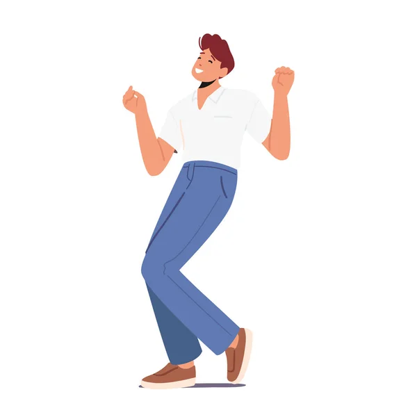 Young Man Dance Isolated on White Background. Cheerful Excited Male Character Moving Body by Music Rhythms, Enjoy Dancing Fun and Positive Emotions. Cartoon People Vector Illustration