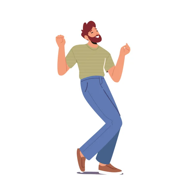 Young Man Enjoy Dancing Fun and Positive Emotions Isolated on White Background. Cheerful Excited Male Character Dance, Moving Body by Music Rhythms. Cartoon People Vector Illustration