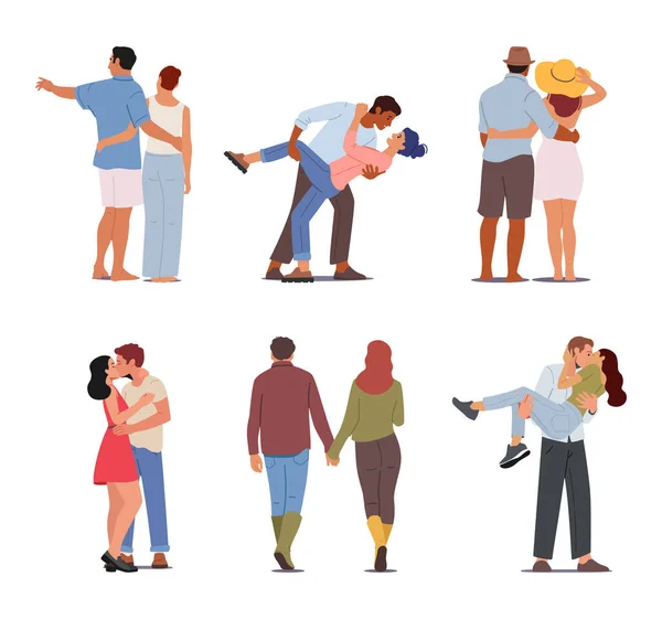 Set Couples Love Happy Enamored Male Female Characters Hugging Walking — стоковий вектор