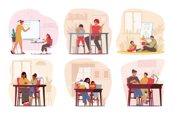 Set Home Education Schooling Concept Children Tutors Parents Learning Classes — Διανυσματικό Αρχείο