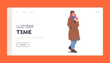 Kış Saati İniş Şablonu. Dondurucu Kadın Karakteri Kalın Giysilere Sarılı, Şapka, Atkı, Eldivenler, Sokakta Düşük Eksi Sıcaklık nedeniyle Titreyen Çizmeler. Çizgi film Vektör İllüstrasyonu