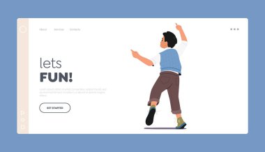 Eğlenceli İniş Sayfa Şablonu. Mutlu Çocuk Dans Arka Görünümü. Little Child Playing, Fooling, Kid Moving Body by Music Rhythm. Bebek Karakteri Dansı ya da Oyun. Çizgi film İnsanları Vektör İllüstrasyonu