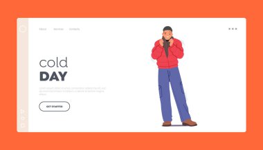 Soğuk Gün, Hava, Dondurma Sezonu İniş Sayfası Şablonu. Dondurucu Erkek Karakteri Sıcak Kış Giysileri Giyer, Eşarp ve Şapka Düşük Dereceli Sıcaklık Çeker. Çizgi film Vektör İllüstrasyonu