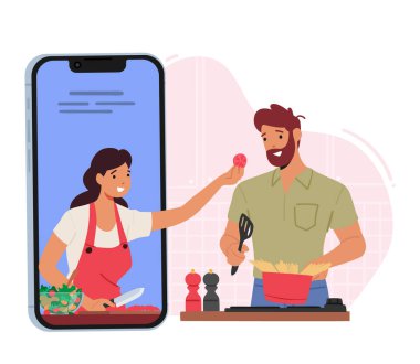 Çevrimiçi Yemek Konsepti. Erkek Karakteri Yemek Hazırlamak için İnternet Kullan. Erkek, Mutfakta Kadın Şovu Yemek Tarifi ile video dersi izliyor. Çizgi film İnsanları Vektör İllüstrasyonu