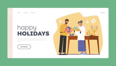 İyi tatiller İniş Şablonu. Aile Karakterleri Hanuka Kutlaması için hediyeleri takas eder. İnsanlar Masa, Bayram Yemeği ve Menorah 'la Evde Sunum Yapıyor. Çizgi film Vektör İllüstrasyonu