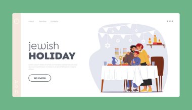 Yahudi Tatil İniş Şablonu. Baba, Anne ve Çocuk Hanuka Işık Festivali 'ni kutluyor. Baba ve Oğul Geleneksel Menorah 'ta Kippah Aydınlatma Mumları Giyiyor. Çizgi film İnsanları Vektör İllüstrasyonu