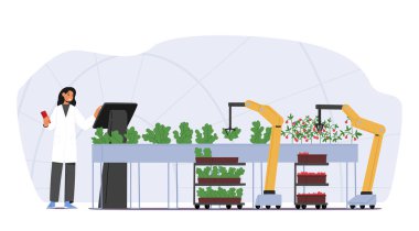 Çiftçi Karakteri, Otomatik Robot Teknolojileri ve Sera ve Çiftlik için Akıllı İt Kontrolü Kullanarak Hasat Ediyor. Cyborg Kolu Olgun Bitkileri Topluyor. Çizgi film İnsanları Vektör İllüstrasyonu