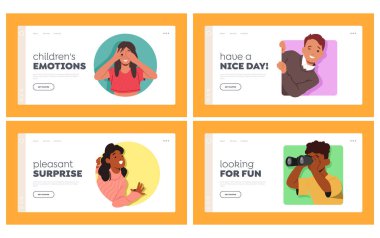 Çerçeve İniş Sayfası Şablonu 'ndan Bakan Çocuklar. Çocuklar Renkli Delikler 'den bakar, Çocuklar Görseller' e bakar. Mutlu Meraklı Kızlar ve Oğlanlar Karakterleri. Çizgi film İnsanları Vektör İllüstrasyonu