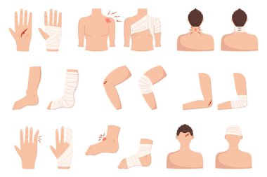 Vücut yaralanmaları, avuç içi, parmak, omuz ya da dirsek. Bacak, ayak, diz ve kafa travması. Sargı ve kanla. İlk yardım, sargı bezi beyaz arka planda izole edildi. Çizgi film Vektör İllüstrasyonu