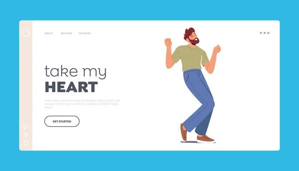 Happy Man Landing Page Template. Young Man Enjoy Dancing Fun and Positive Emotions. Cheerful Excited Male Character Dance, Moving Body by Music Rhythms. Cartoon People Vector Illustration