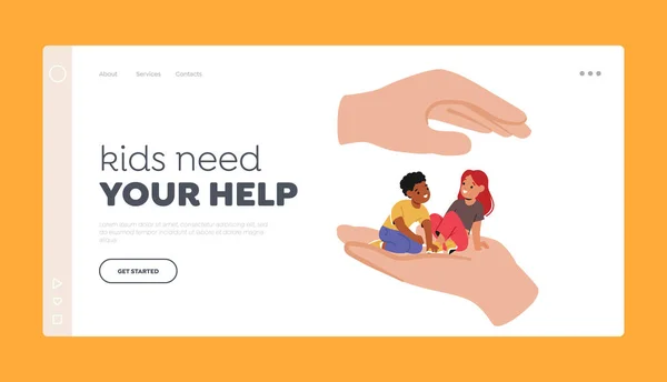 Sosyal Yardım Yardım Koruma Niş Şablonu Palm Oturan Çocukların Ellerine — Stok Vektör