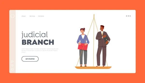 Igazságügyi Branch Landing Page Sablon Férfi Női Karakterek Állni Scales — Stock Vector