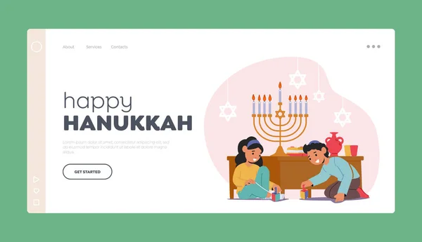 Happy Hanukkah Landing Page Template Happy Children Playing Wooden Dreidels — Image vectorielle