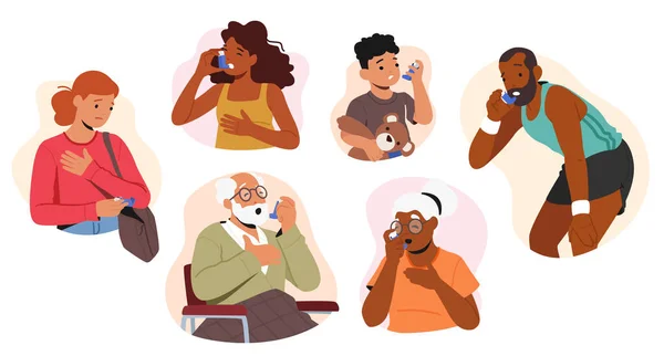 Ensemble Personnages Masculins Féminins Souffrant Asthme Symptômes Adultes Aînés Enfants — Image vectorielle