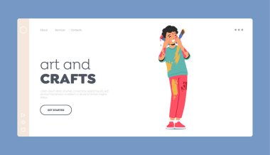 Çocuk Sanatları ve El Sanatları İniş Sayfa Şablonu. Boyalarla kaplı şirin bir çocuk, üzerinde boya lekeleri olan fırça tutan komik çocuk, yüz ve eller. Çizgi film İnsanları Vektör İllüstrasyonu
